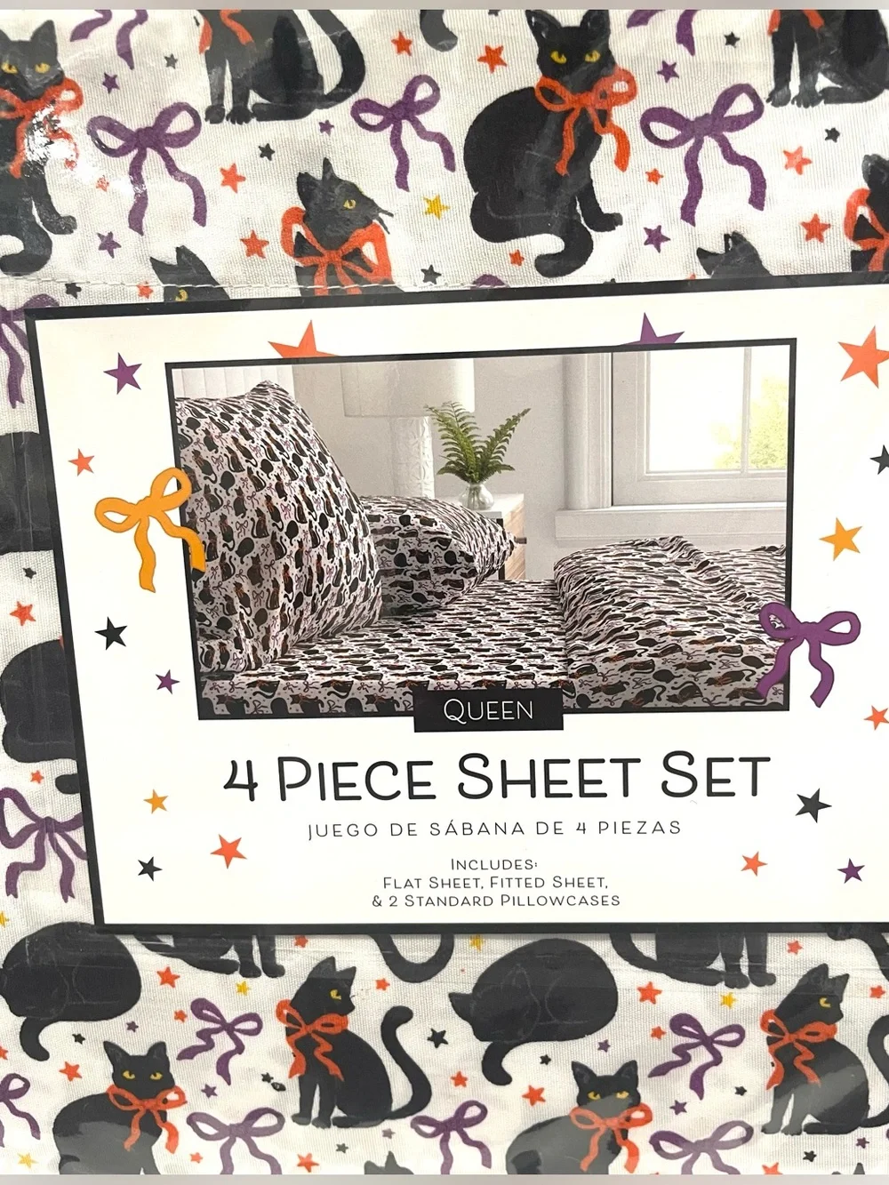 Halloween Queen Sheet Set Black Cats & Bows White Black Purple Orange NEW NWT